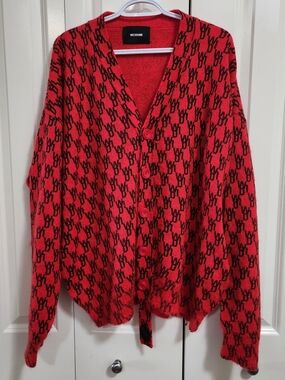WE11DONE Red & Black Monogram Mohair Blend Cardigan | Size S